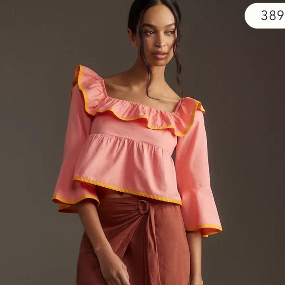 NWT Maeve Anthropologie Pink Square Neck Ruffle Babydoll Top Shirt Blouse XS - Picture 2 of 3